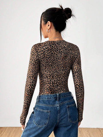 Fashionable And Trendy Long-Sleeved Round Neck Leopard Print Tight Stretch Jumpsuit Can Be Paired With Pants And Is Suitable For Going Out On The Street