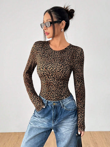 Fashionable And Trendy Long-Sleeved Round Neck Leopard Print Tight Stretch Jumpsuit Can Be Paired With Pants And Is Suitable For Going Out On The Street