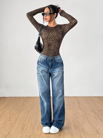 Fashionable And Trendy Long-Sleeved Round Neck Leopard Print Tight Stretch Jumpsuit Can Be Paired With Pants And Is Suitable For Going Out On The Street