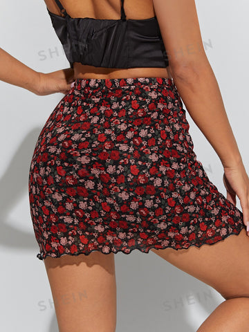 PETITE Floral Print Lettuce Trim Mesh Bodycon Skirt