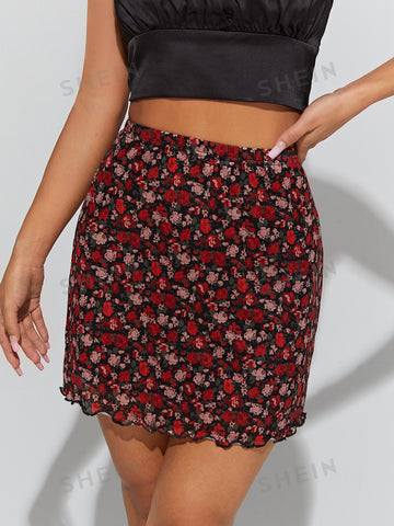 PETITE Floral Print Lettuce Trim Mesh Bodycon Skirt