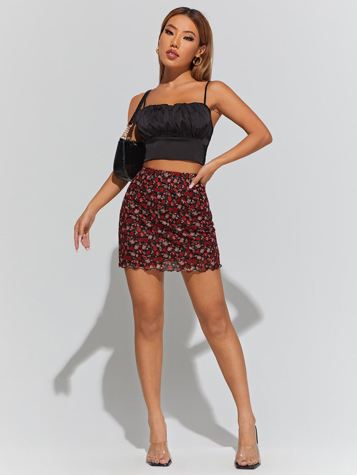 PETITE Floral Print Lettuce Trim Mesh Bodycon Skirt