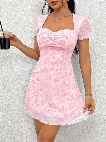 Floral Printed Pleated Bust Court Square Flocked Blue Dress