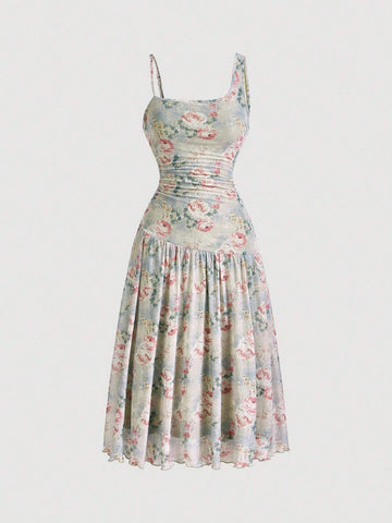 Floral Printed Ruffle Asymmetrical V-Neck Midi Dress