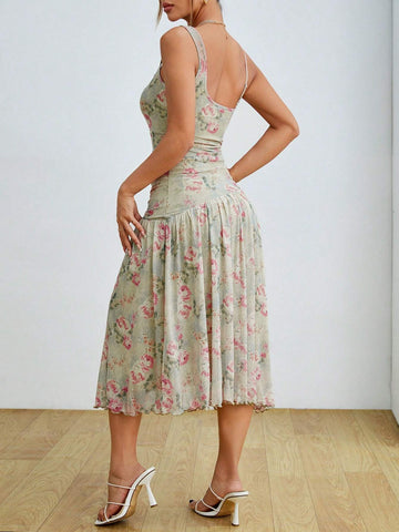 Floral Printed Ruffle Asymmetrical V-Neck Midi Dress