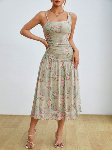Floral Printed Ruffle Asymmetrical V-Neck Midi Dress
