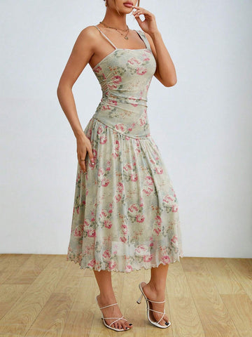 Floral Printed Ruffle Asymmetrical V-Neck Midi Dress