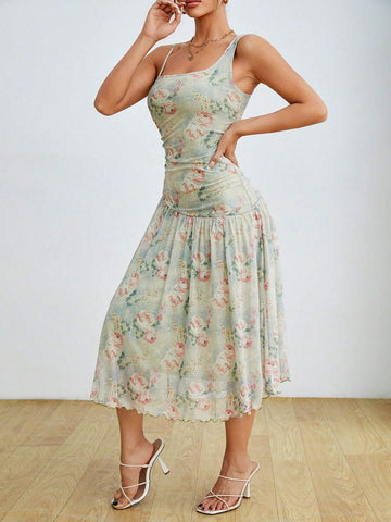 Floral Printed Ruffle Asymmetrical V-Neck Midi Dress