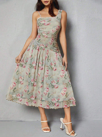 Floral Printed Ruffle Asymmetrical V-Neck Midi Dress