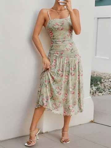 Floral Printed Ruffle Asymmetrical V-Neck Midi Dress
