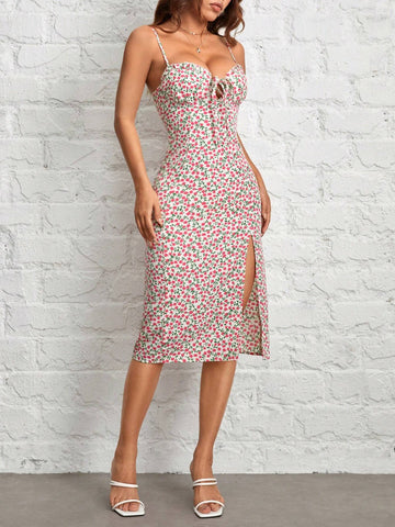 Floral Thigh-Slit Strappy Dress