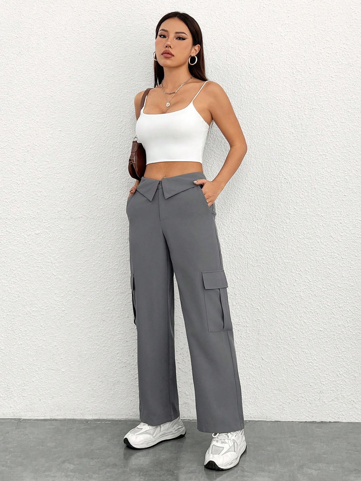 PETITE Fold Over Waist Design Cargo Pants