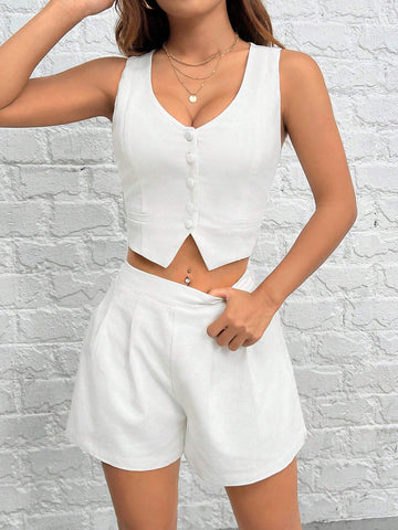 Front Button Vest Jacket And Shorts, Loose Fit, Vacation Suit, Casual And Stylish, Linen Blend Fabric