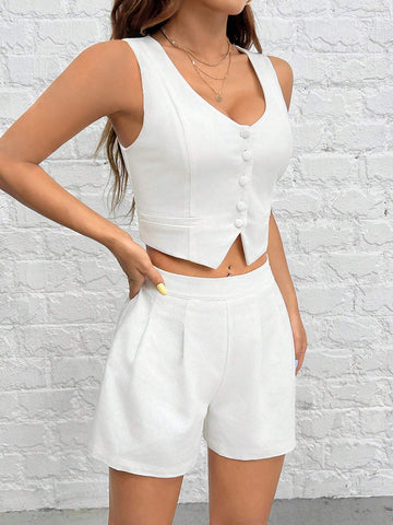 Front Button Vest Jacket And Shorts, Loose Fit, Vacation Suit, Casual And Stylish, Linen Blend Fabric