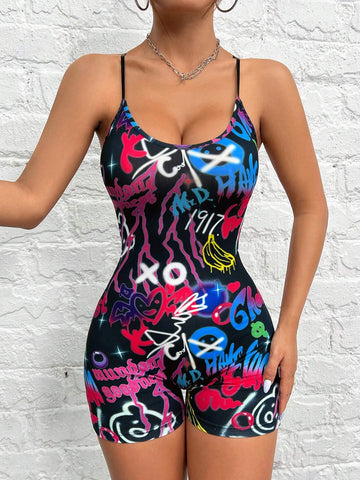 Graffiti Printed Backless Cami Unitard Romper Summer