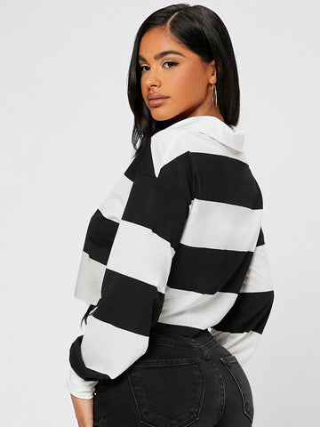 Half Button Colorblock Drop Shoulder Spring Crop Tee