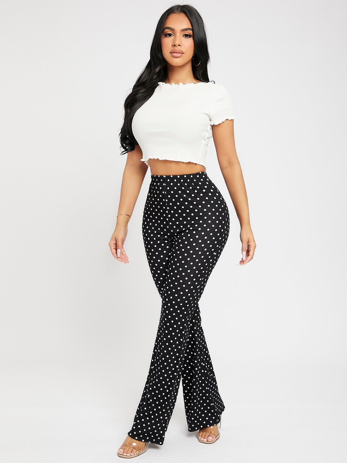 PETITE High Waist Polka Dot Flare Leg Pants