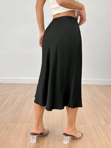 PETITE High Waist Solid Fishtail Black Skirt