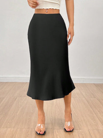 PETITE High Waist Solid Fishtail Black Skirt