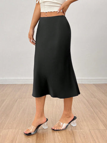 PETITE High Waist Solid Fishtail Black Skirt