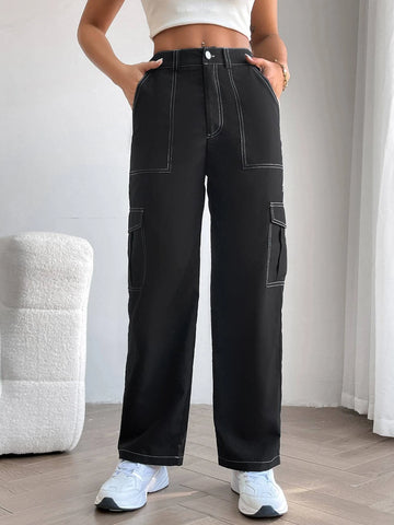 PETITE High Waist Top-stitching Flap Pocket Side Cargo Pants