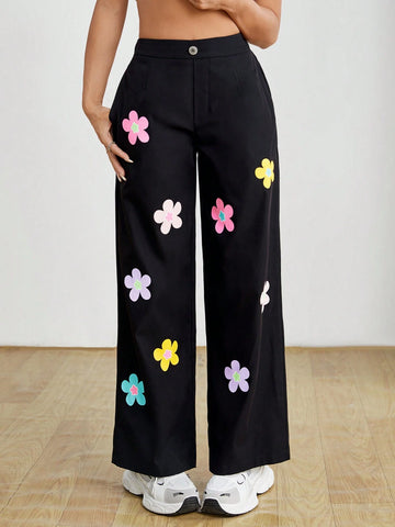 PETITE High Waisted Black Floral Printed Loose Long Pants