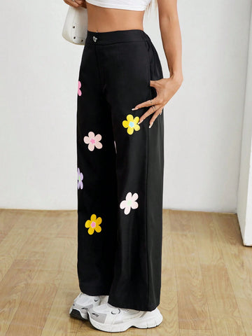 PETITE High Waisted Black Floral Printed Loose Long Pants