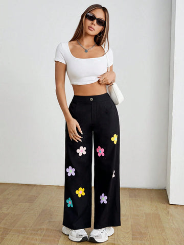 PETITE High Waisted Black Floral Printed Loose Long Pants