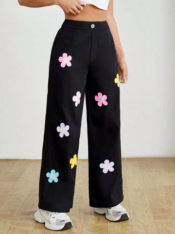 PETITE High Waisted Black Floral Printed Loose Long Pants