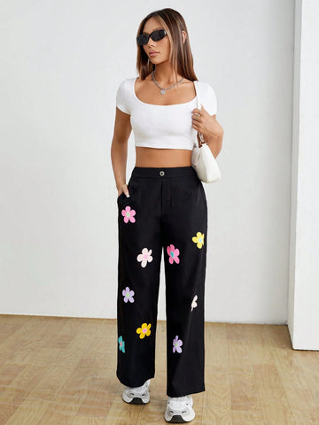 PETITE High Waisted Black Floral Printed Loose Long Pants