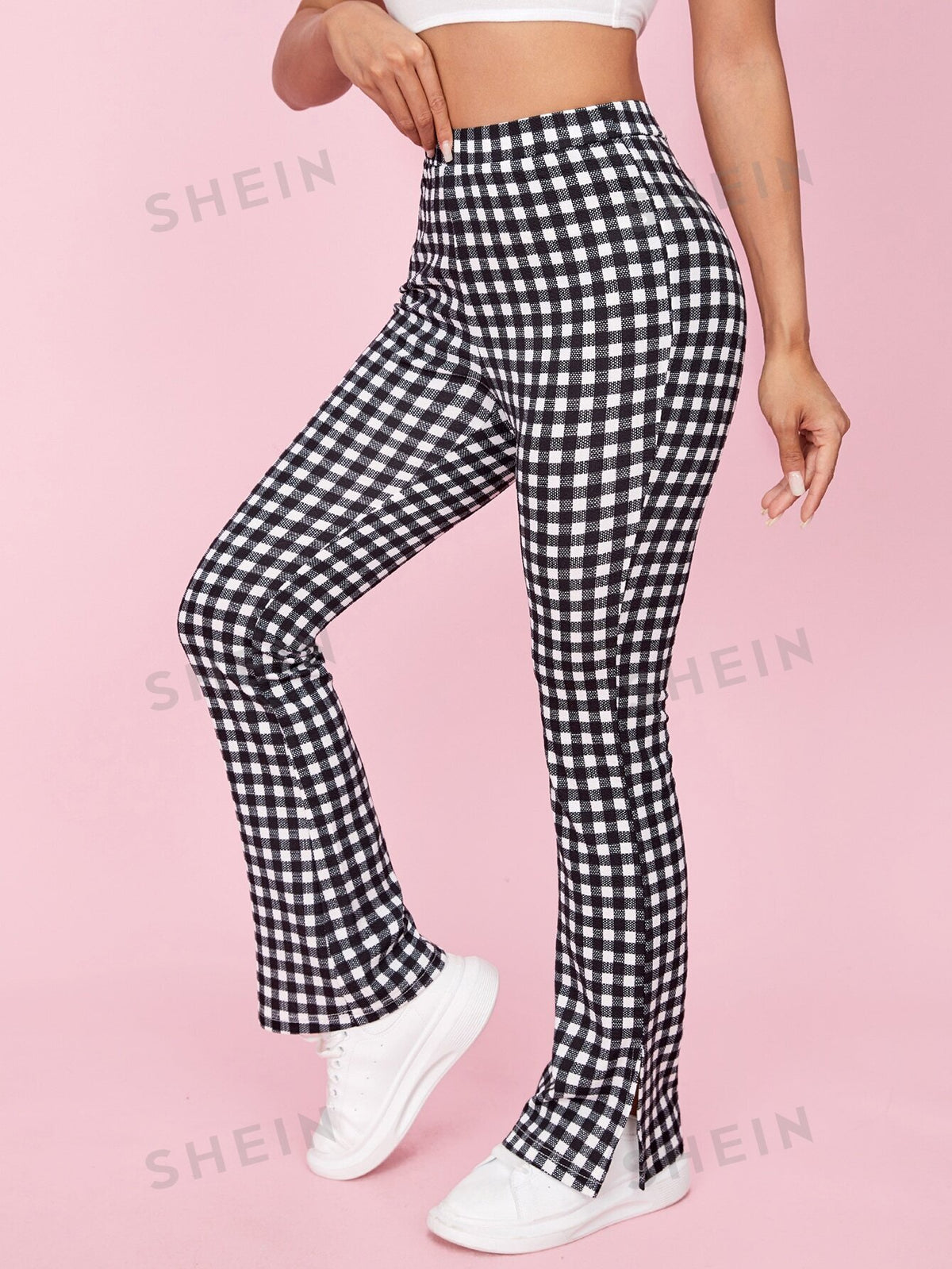 PETITE High Waisted Gingham Print Split Hem Flare Leg Pants
