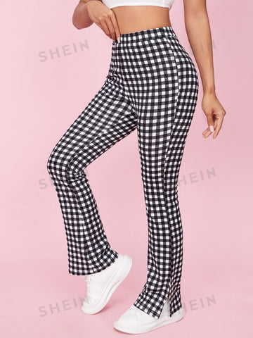 PETITE High Waisted Gingham Print Split Hem Flare Leg Pants