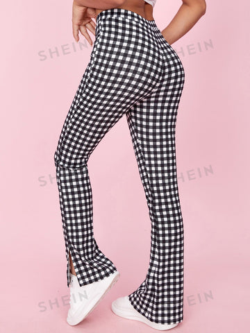 PETITE High Waisted Gingham Print Split Hem Flare Leg Pants
