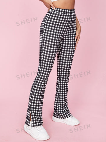 PETITE High Waisted Gingham Print Split Hem Flare Leg Pants