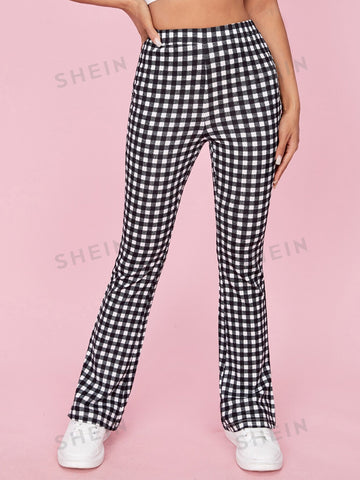PETITE High Waisted Gingham Print Split Hem Flare Leg Pants
