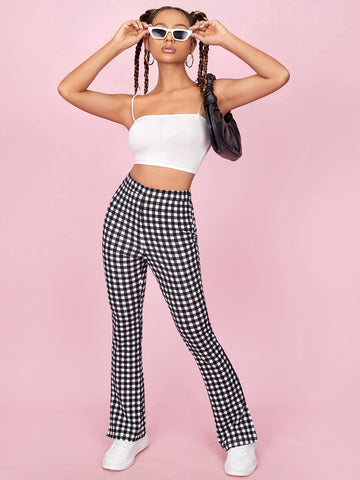 PETITE High Waisted Gingham Print Split Hem Flare Leg Pants