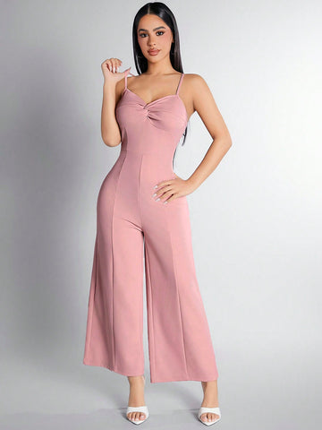 Knotted Detail Spaghetti Strap Wide Leg Jumpsuit