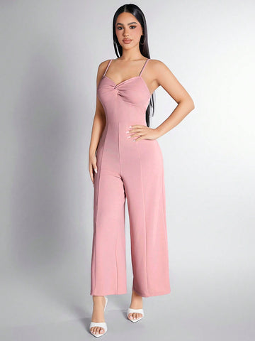 Knotted Detail Spaghetti Strap Wide Leg Jumpsuit