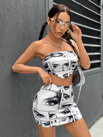 Ladies' Asymmetric Hem Printed Bandeau Top And Skirt Set With Figures, Summer