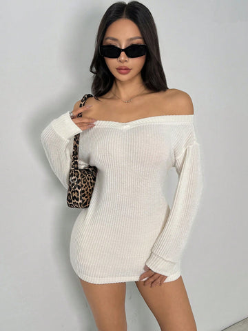 Ladies' Solid Color Off Shoulder Long Sleeve Bodycon Dress