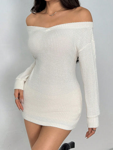 Ladies' Solid Color Off Shoulder Long Sleeve Bodycon Dress