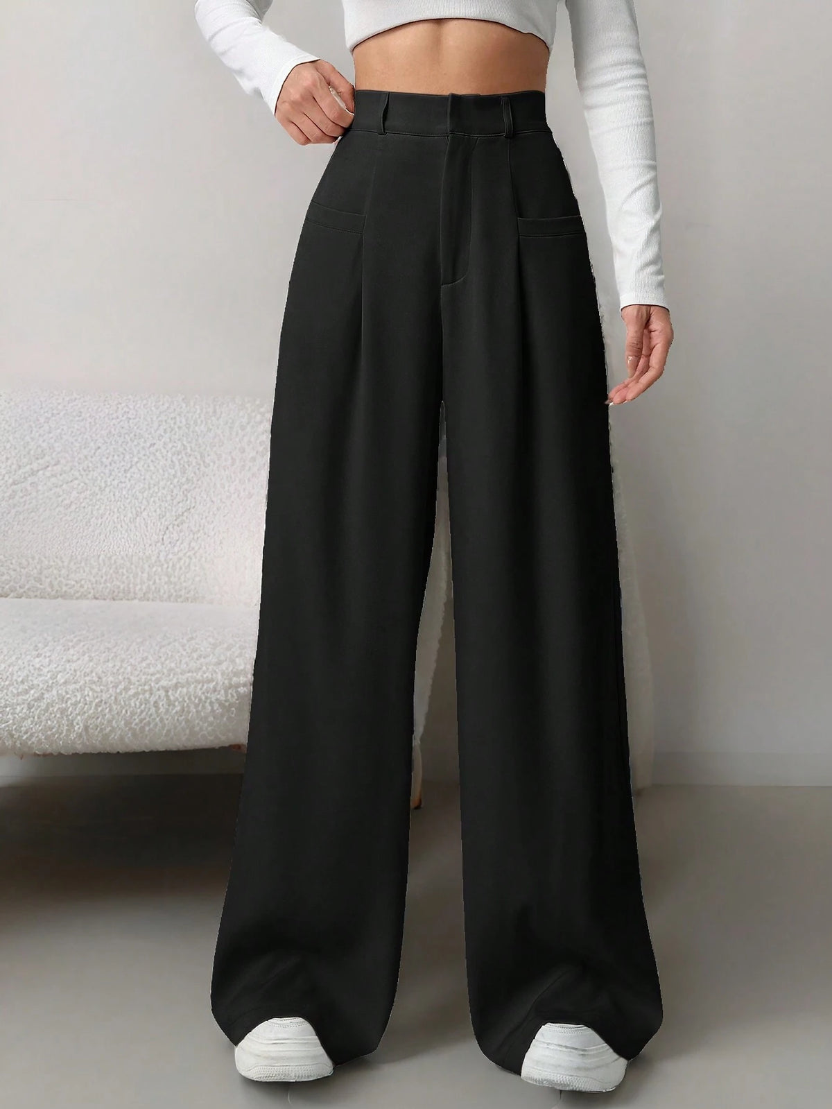 Ontre Women's Brown Wide Leg Pants With Belt Pocket Design, Comfortable & Skin-Friendly, Versatile, Essential Autumn/Winter Bottom
