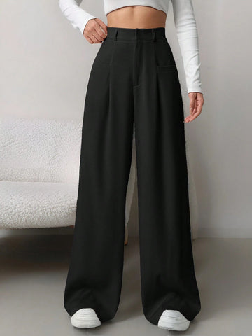 PETITE Ladies' Solid Color Pleated Wide Leg Pants