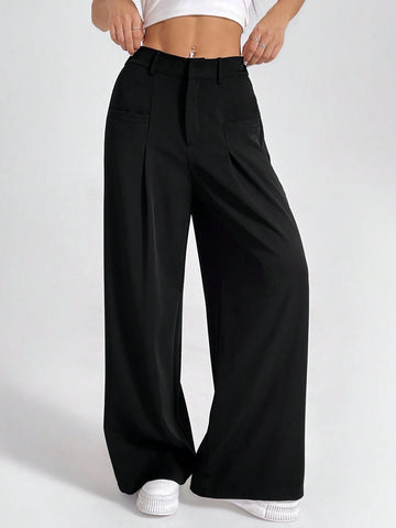 PETITE Ladies' Solid Color Pleated Wide Leg Pants