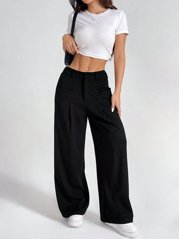 PETITE Ladies' Solid Color Pleated Wide Leg Pants