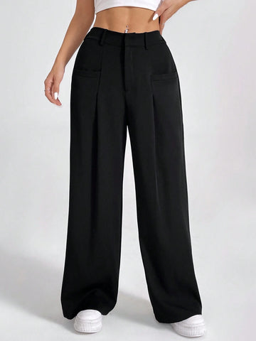 PETITE Ladies' Solid Color Pleated Wide Leg Pants