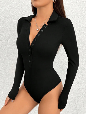 Ladies' Solid Color Ribbed Knit Bodysuit
