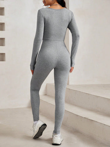 Ladies' Square Neck Long Sleeve Solid Color Jumpsuit