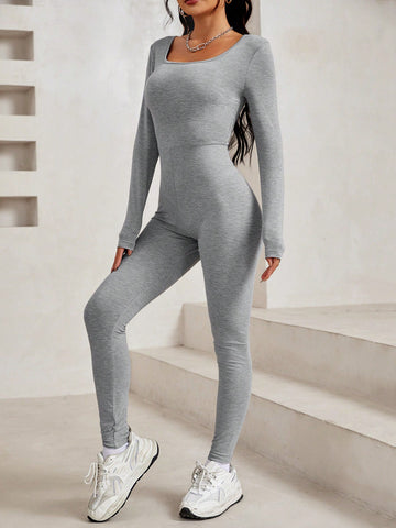 Ladies' Square Neck Long Sleeve Solid Color Jumpsuit