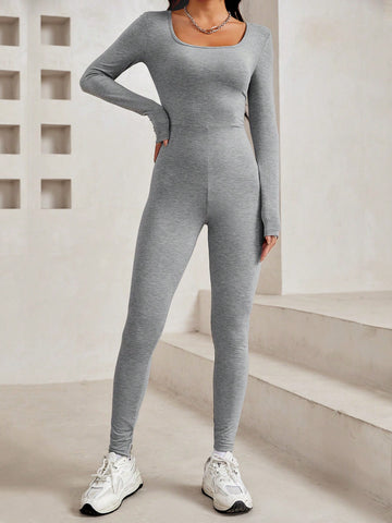 Ladies' Square Neck Long Sleeve Solid Color Jumpsuit